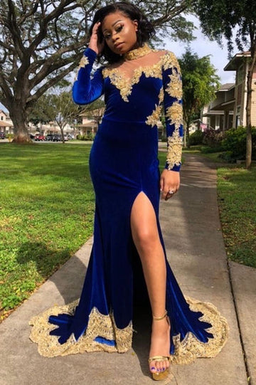 VELVET LONG SLEEVES MERMAID FRONT SPLIT GOLD APLIQUES PROM PARTY GOWNS ROYAL BLUE HZ1023